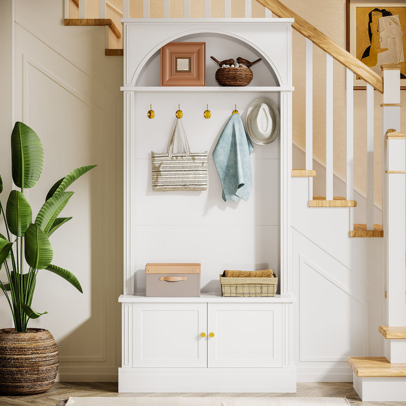 Hall Tree With Bench And Shoe Storage, 4-In-1 Entryway Bench With Coat Rack, White