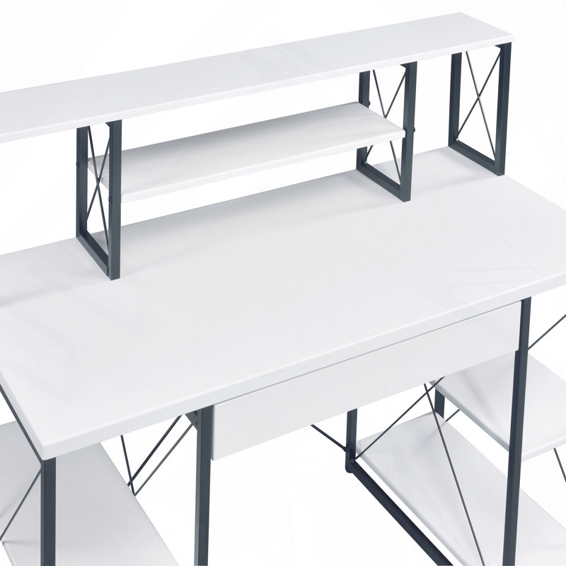 Bureau, bureau avec tablettes ouvertes et huche, Blanc/Noir