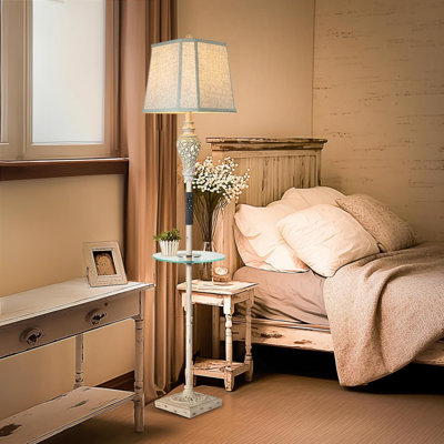 Rustic Floor Lamp With Glass Tray, Dimming, Remote Control And USB Charging