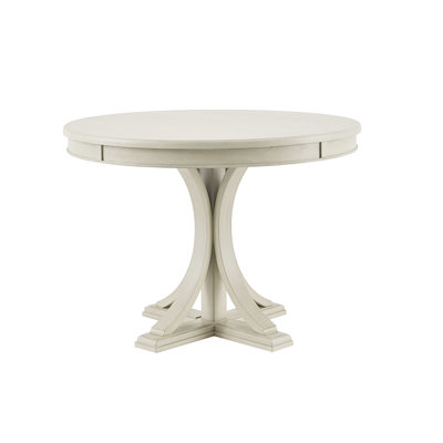 Table ronde de 44 po avec finition crème antique, placage en bois massif et pieds, salle à manger, 4 à 6 places assises, table d'assemblage requise, plateau