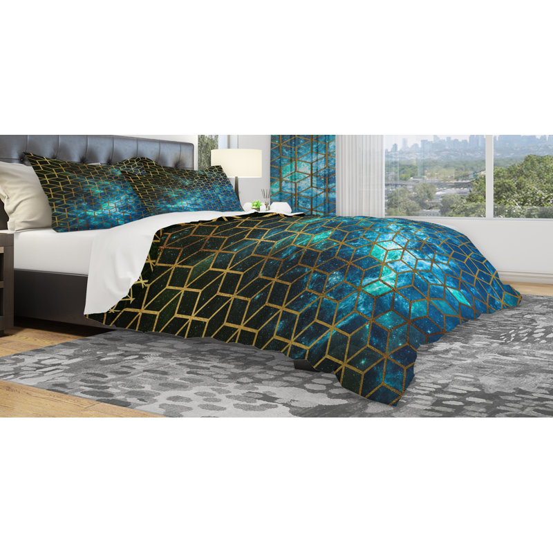 Housse de couette en microfibre bleu / jaune / or, Housse de couette grand + 2 taies décoratives