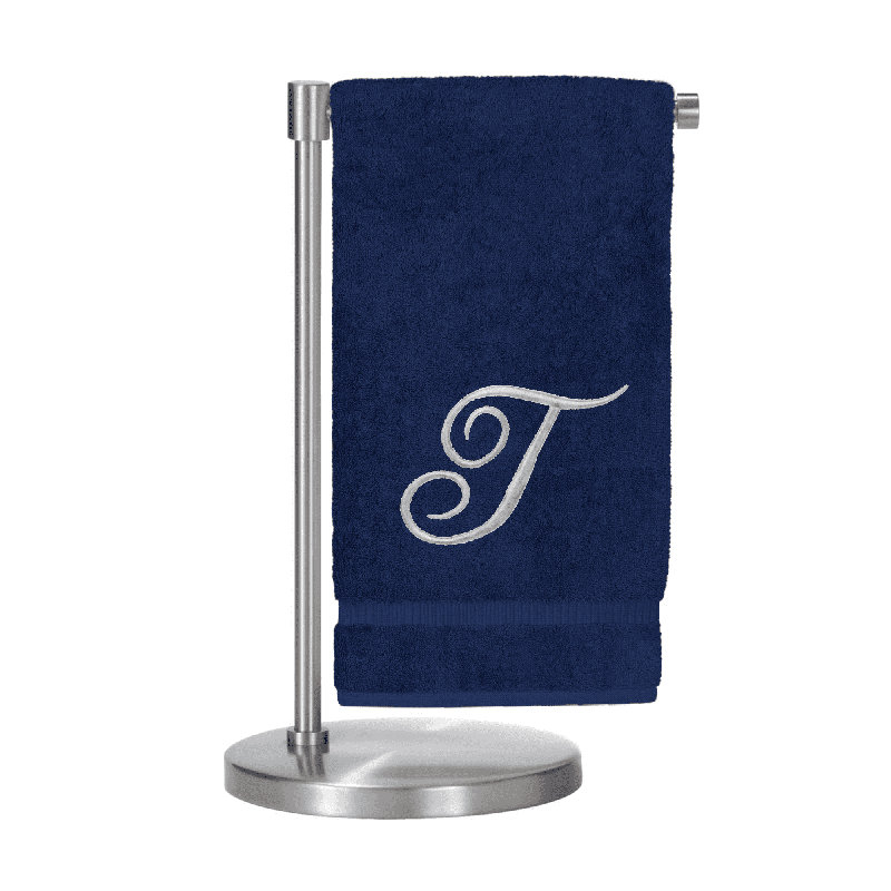 Serviettes de bain monogrammées - ensemble de 1 - lettre en script, Marine / Argent, T