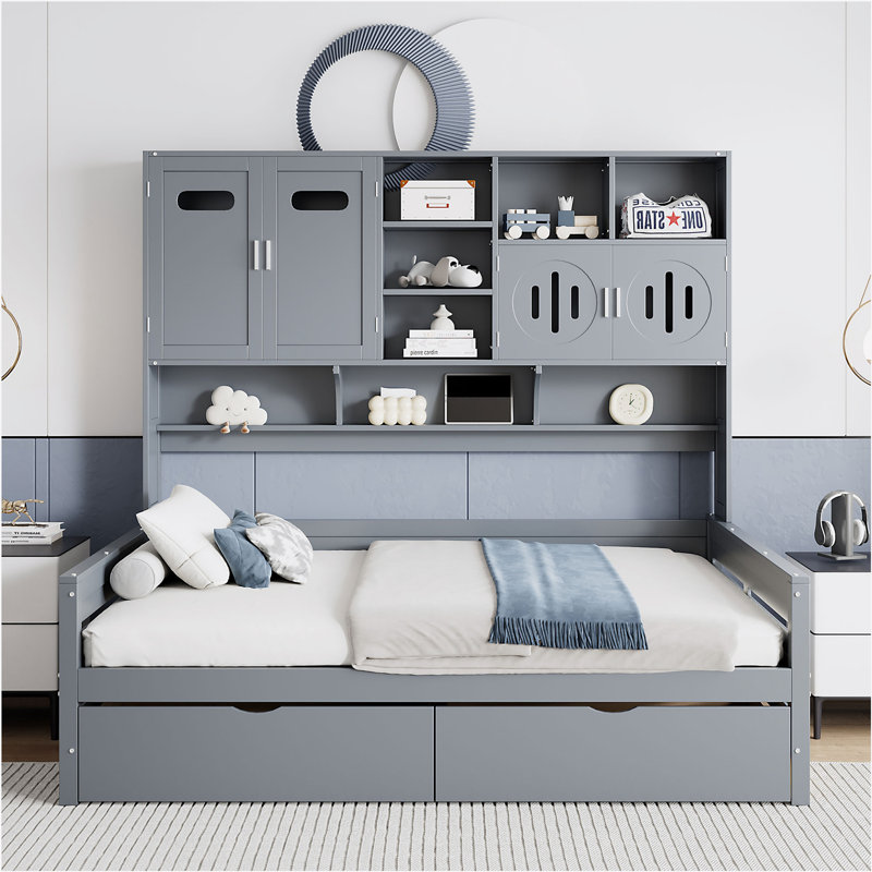 2 Drawers Daybed With Bookcase And Cabinet, Gray, Full