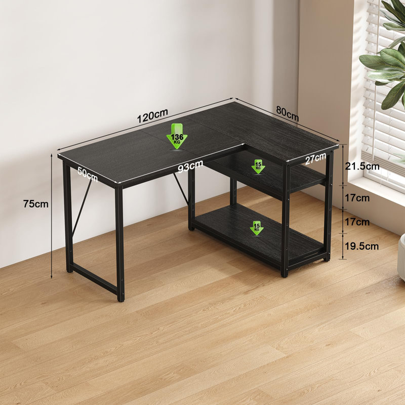 Ambus L Shape Computer Desk, Left Hand, 120cm W x 80cm D, Black/Black