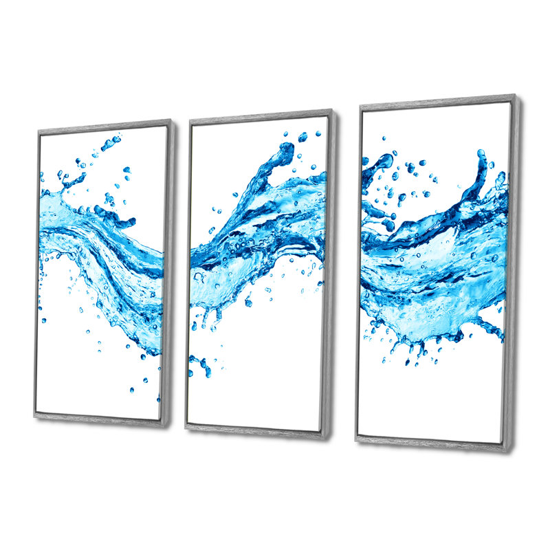 «Blue Water Splash», peinture sur toile flottante 3 pièces, H 28 po x l 36 po, Argent