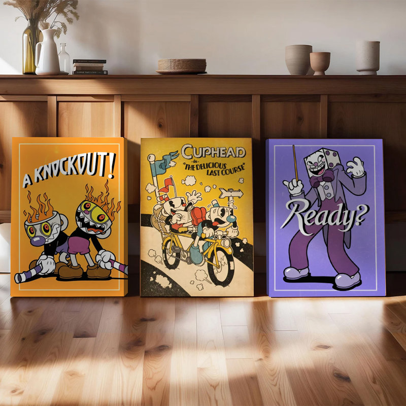 Ensemble de 3 affiches murales encadrées « Cuphead : Le délicieux dernier plat », style vintage, avec Cuphead, Mugman et King Dice. Décoration idéale pour une salle de jeux. Impressions d'art dessin animé nostalgiques.