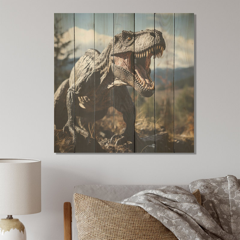 «Gray and Green Dinosaur Call II» - impression de dinosaure sur bois, H 15 po x l 15 po