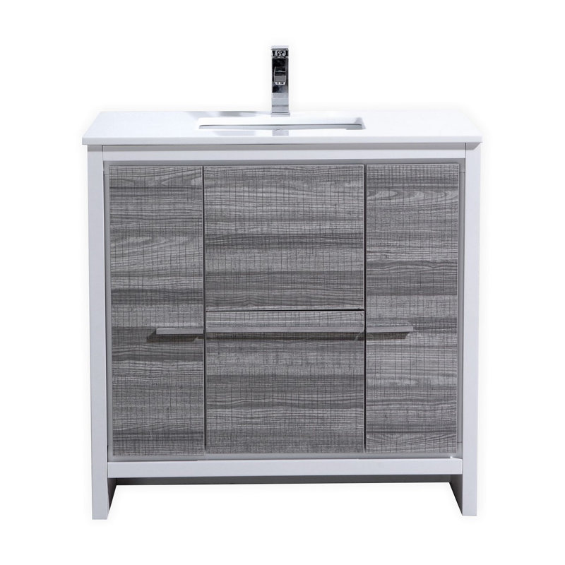 Meraris 35.5'' Single Bathroom Vanity with Quartz/Ceramic Undercount Sink Top, Ash Gray
