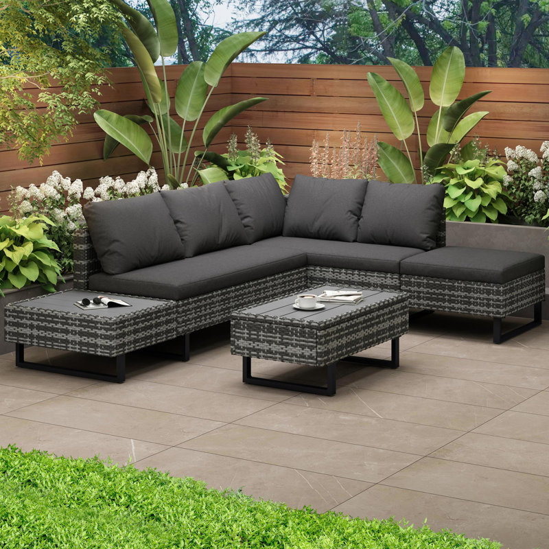Krisy Rattan 5 - Person Seating Group With Cushions, Dark Grey, Grey/Black