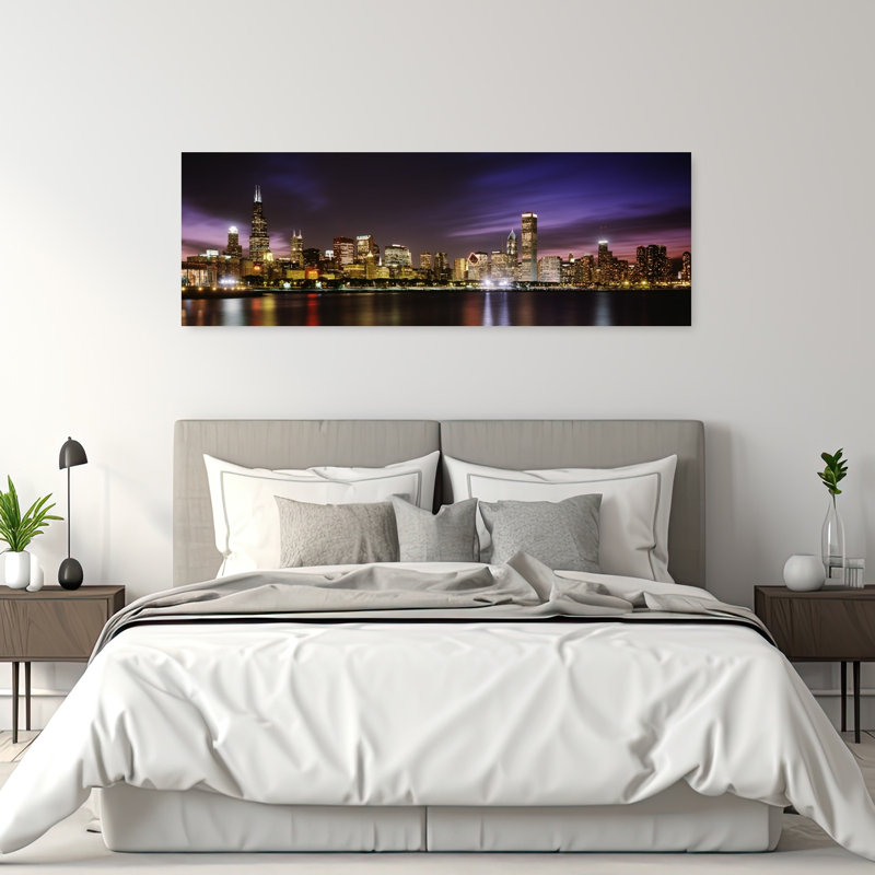 Buildings at the waterfront lit up at night Sears Tower Lake Michigan Chicago Cook County Illinois USA 1 Piece Wrapped Canvas Panoramic Wall Art