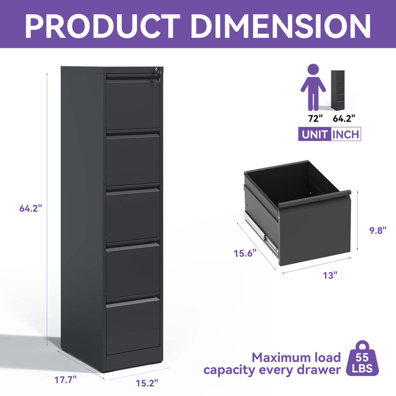 5-Drawer Vertical Metal File Cabinet, Maximum Capacity Heavy Duty Storage with Full-Extension Drawers & Safety Interlock