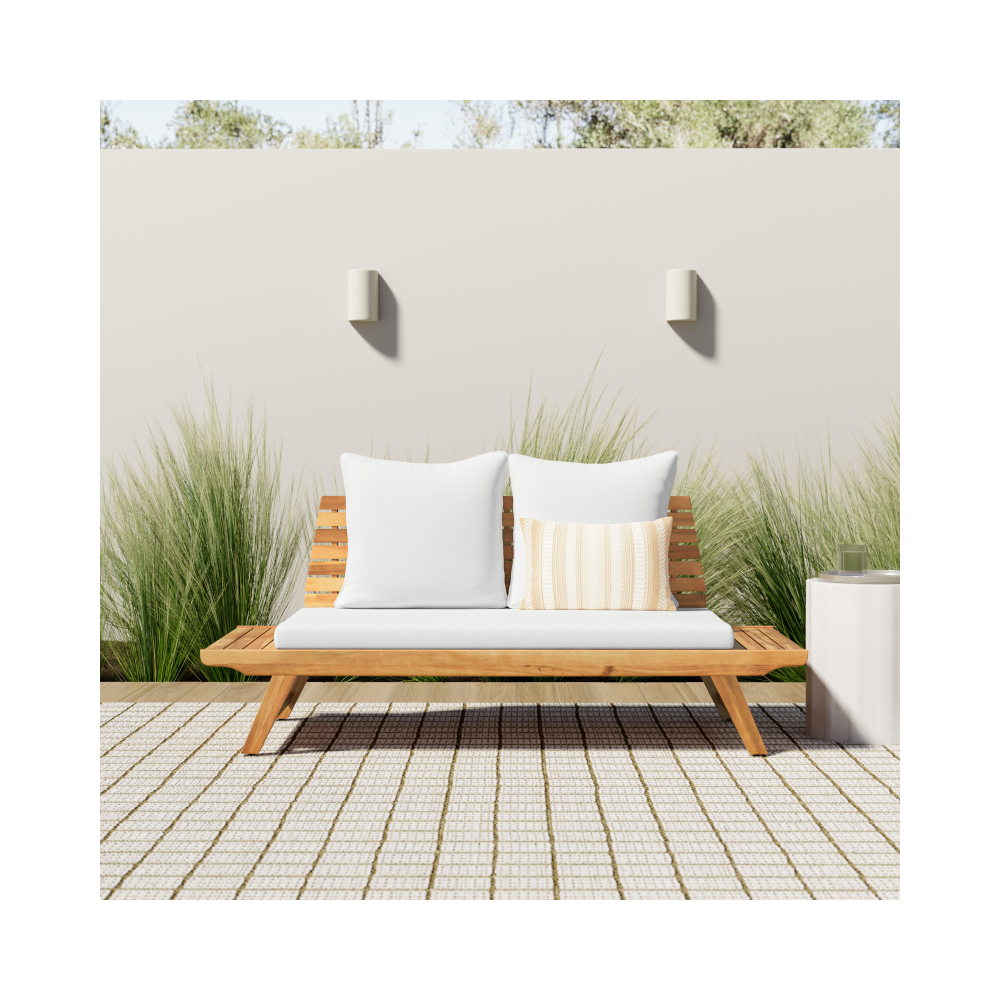 Lavinia 65'' Wide Straight Acacia Loveseat with Cushions, Teak Frame / White Cushion