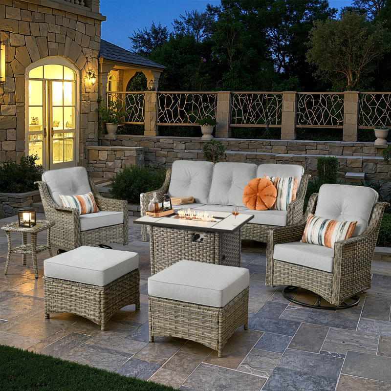 Emanuell 5 - Person Wicker Outdoor Conversation Set, Patio Sofa & Swivel Chair Set with Fire Pit and Cushions, Light Gray