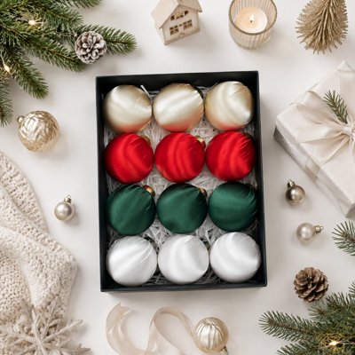 Set of 12 Satin Silk Christmas Ball Ornaments, 2.36" Luxury Fabric Covered Baubles in 4 Assorted Colors, Soft Touch Holiday Tree Decorations with Pre-Attached Hanging Strings, Gift-Ready Box