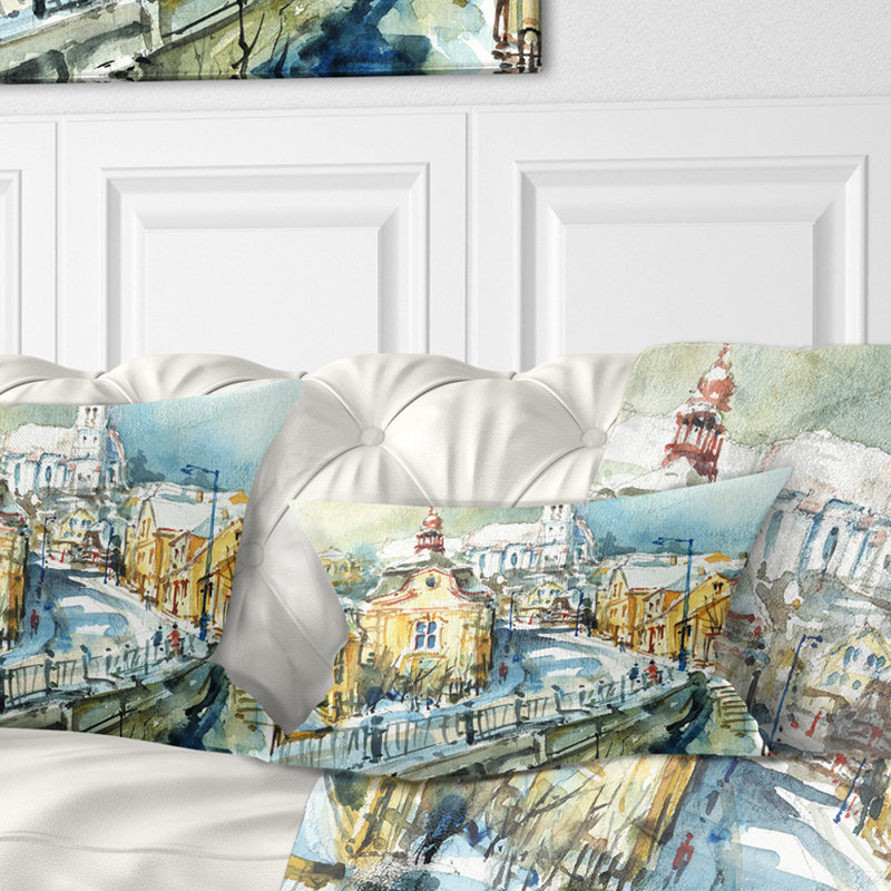 Coussin lombaire en aquarelle cityscape city of églises
