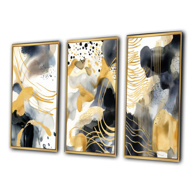 «Pastel Abstract with Blue Black and Gold Spots V», 3 pièces sur toile