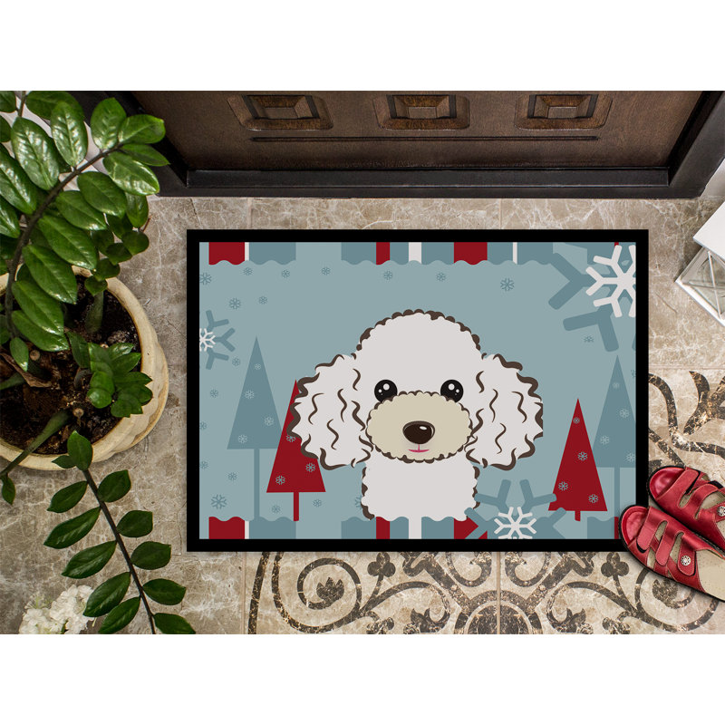 Tapis pour porte d’extérieur antidérapant caniche de noël winter, Blanc / bleu, Rectangle 1 pi 6 po x 2 pi 3 po
