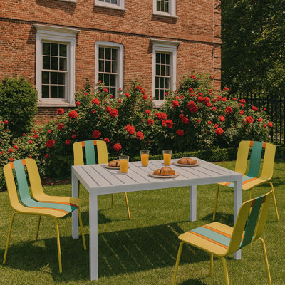 4-Pack Modern Striped Color Block Chairs-Indoor/Outdoor PP Seat & Sturdy Metal Legs, Yellow, Orange, Green With 55 Inch White Modern Long Table - Indoor/Outdoor- Lightweight PP Tabletop With Metal