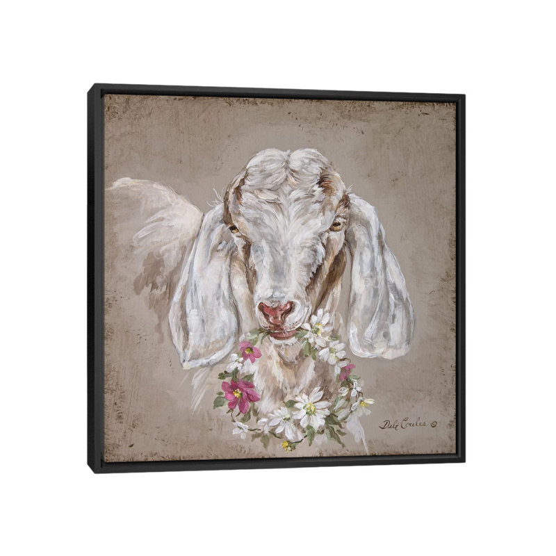 «Goat with Wreath», peinture sur toile, H 18 po x l 18 po x P 1,5 po, Toile avec cadre noir, Pas de tapis