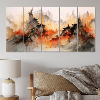 «Majestic Chinese Landscape III», reproduction sur toile - 5 panneaux égaux