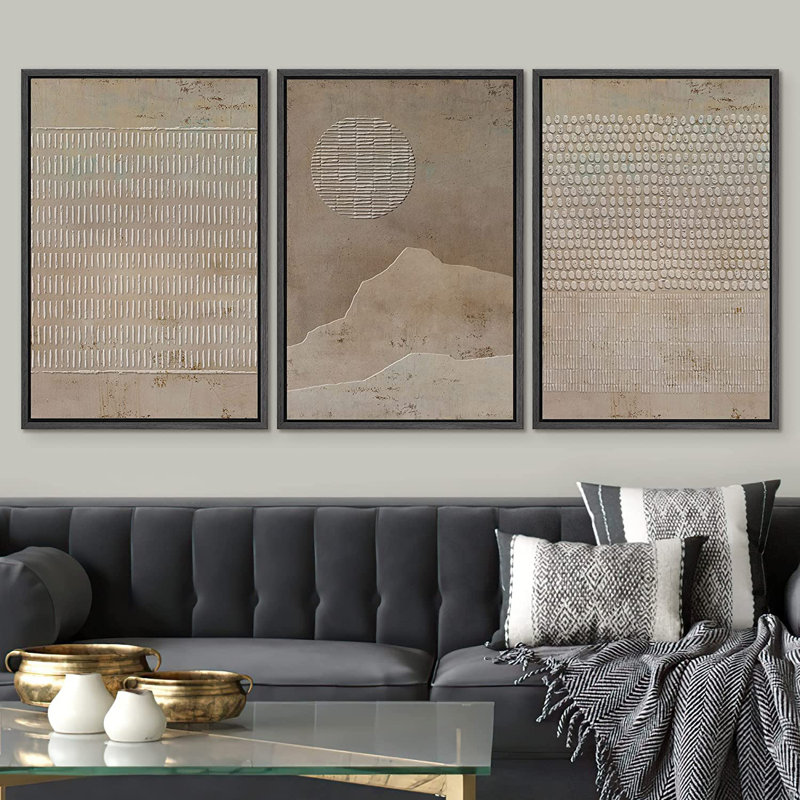 Geometric Line Grunge Geometric Minimalist Brown Abstract Frame Art 3 Piece Set - No Texture Graphic Canvas Print, Black