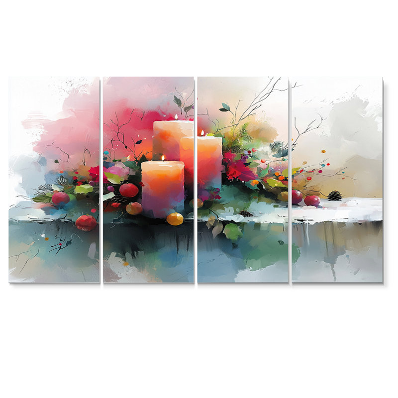 Bougie de Noël rose et orange Glow I - ensemble d'art mural sur toile de Noël, H 28 po x l 48 po