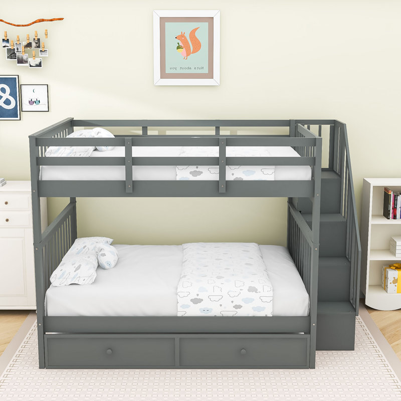 Wood Standard Bunk Bed With Stairs and Trundle, Gray, Full over Full