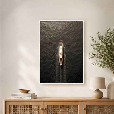 Aerial View Yacht Dark Waters Sepia Canvas Wall Art with Floating Frame, Ready to Hang