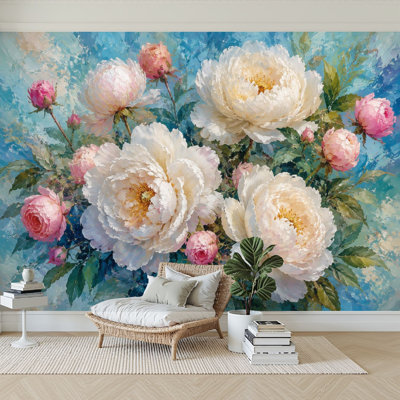 Papier peint adhésif pelez et collez, pivoine blanche, fleurs, feuilles vertes, bleu, papier autocollant amovible, décoration murale pour salon, chambre à coucher H 100 po x l 144 po
