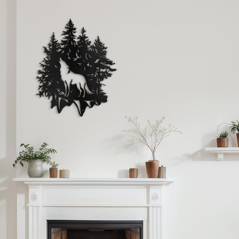Décoration murale en métal loup et pin, décoration murale abstraite moderne minimaliste, H 36 po x l 36 po x P 0,05 po, Noir