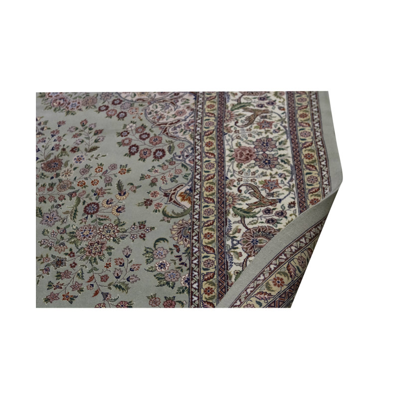Tapis vert clair et bleu marine noué à la main de haute qualité