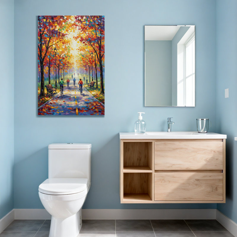 Paysage et nature, arbres d'automne, sentier, cyclistes, banc de lumières colorées, H 24 po x l 16 po