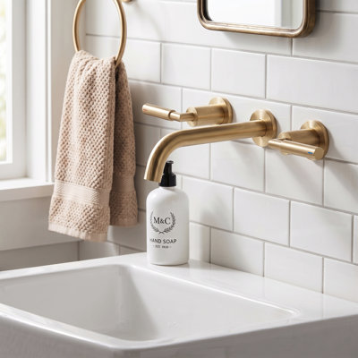 Modern Wall Mounted 2-handle Bathroom Sink Faucet in Brushed Gold, Solid Brass With Drain Assembly