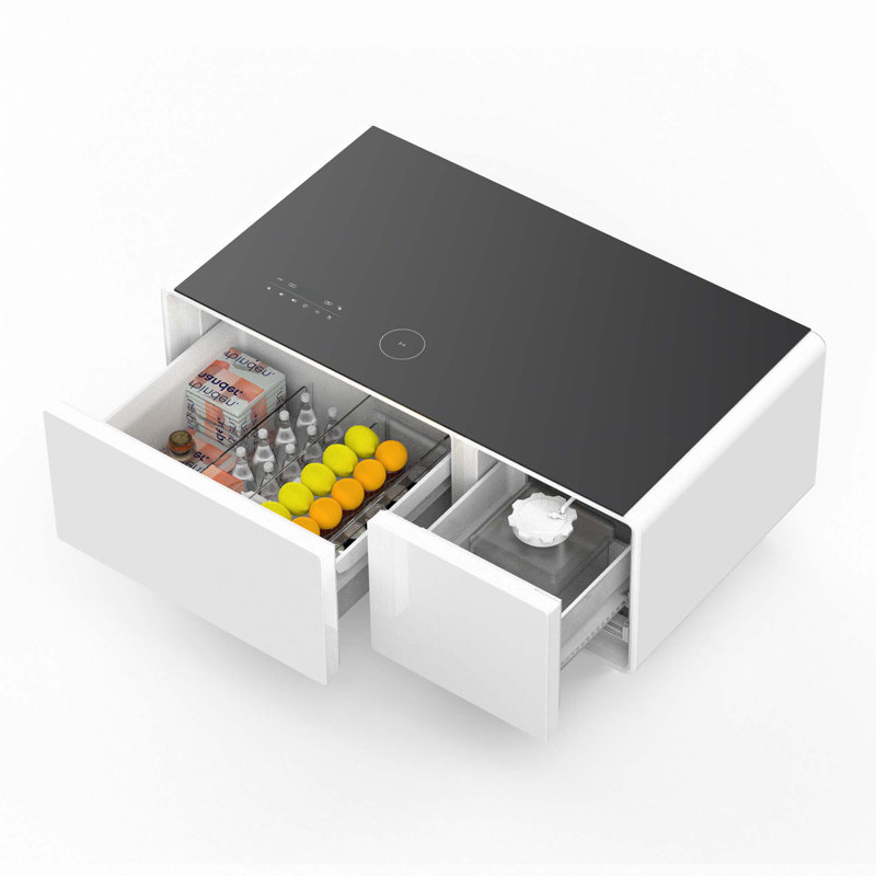 Smart Coffee Table With Built-In Fridge, Bluetooth Speaker, Wireless Charging, Touch Control Panel, USB Ports, Outlet Protection, Atmosphere Light