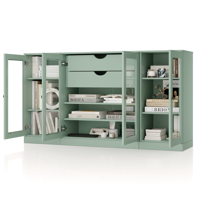 Buffet 100% bois massif 65 po avec portes en verre transparent, 2 tiroirs et tablettes réglables, Sauge