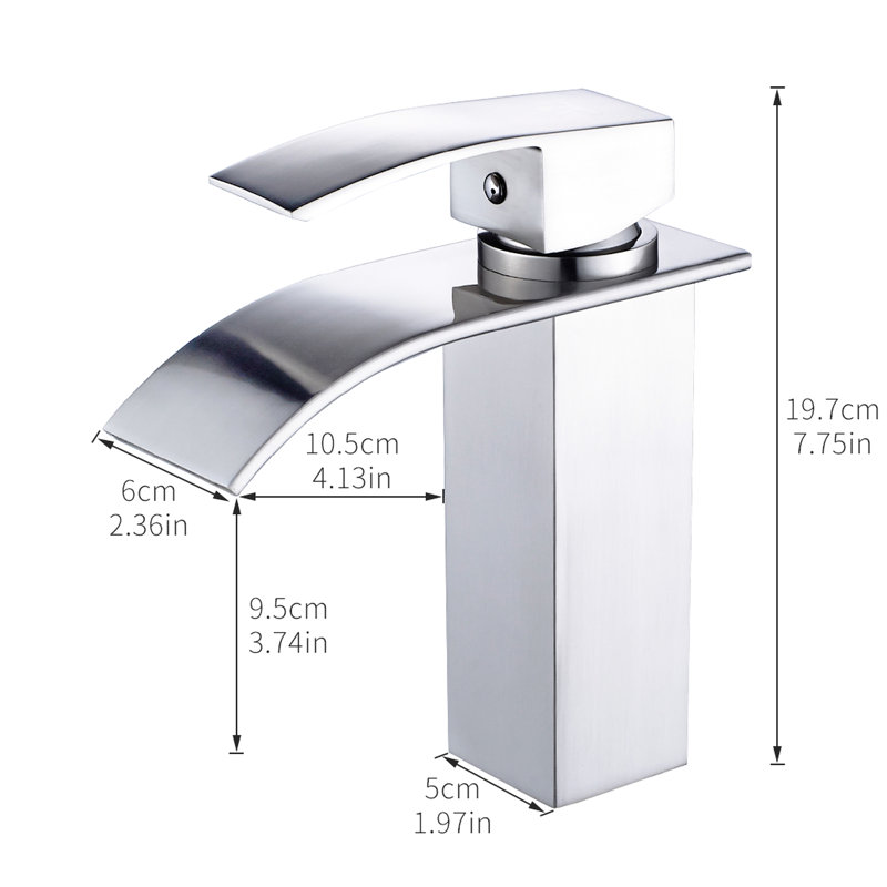 Robinet de salle de bain moderne en nickel brossé, trou unique, cascade, débit silencieux, commande manuelle, robinet contemporain en nickel à valve à cartouche, fonctionnement en cascade, contrôle
