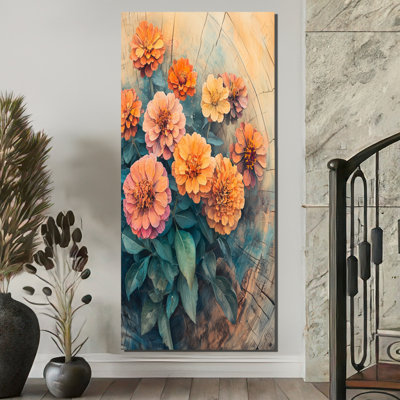 Ginnan Zinnias Garden on Wood Slide III - Zinnias, art mural