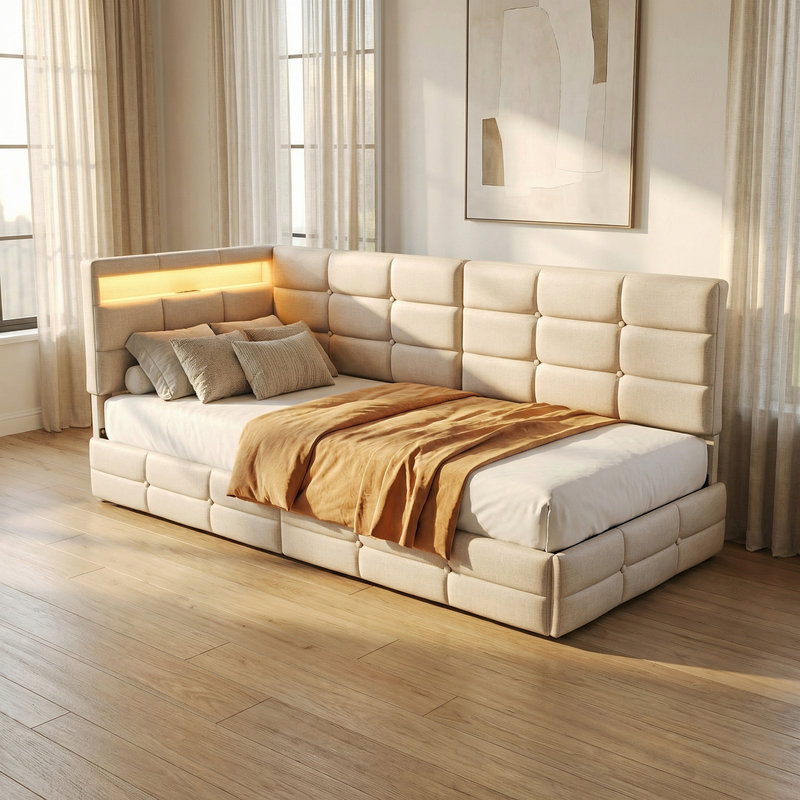 Storage Bed, European Single (90 x 200 cm), Beige