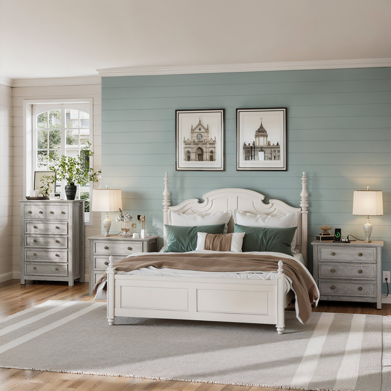 Ensemble de commode de chambre 3 pièces - grande commode 6 tiroirs et deux tables de chevet 3 tiroirs l 26,7 po avec station de charge, gris délavé