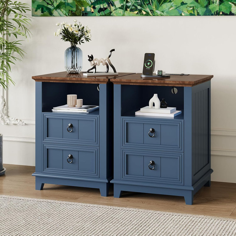 Nightstand, Farmhouse Style with Charging Station, Solid Wood Construction with 2 Drawers and Open Shelf, 18 Inch Height, in Blue Finish