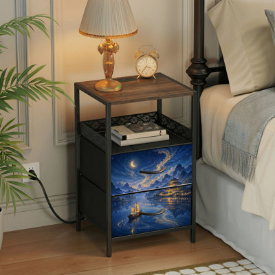 2 Drawers Nightstand with Charging Station, Bedroom Nightstand with USB Ports &amp; Outlets Open Shelf Black, night stand with Mountain Landscape Ancient Temple Sailing Boat Starry Starry Sky Print