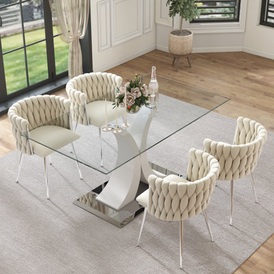 Modern Luxtury Rectangle Dining Table Set,Tempered Glass Dining Table with Velvet Dining Chair for Dining Room
