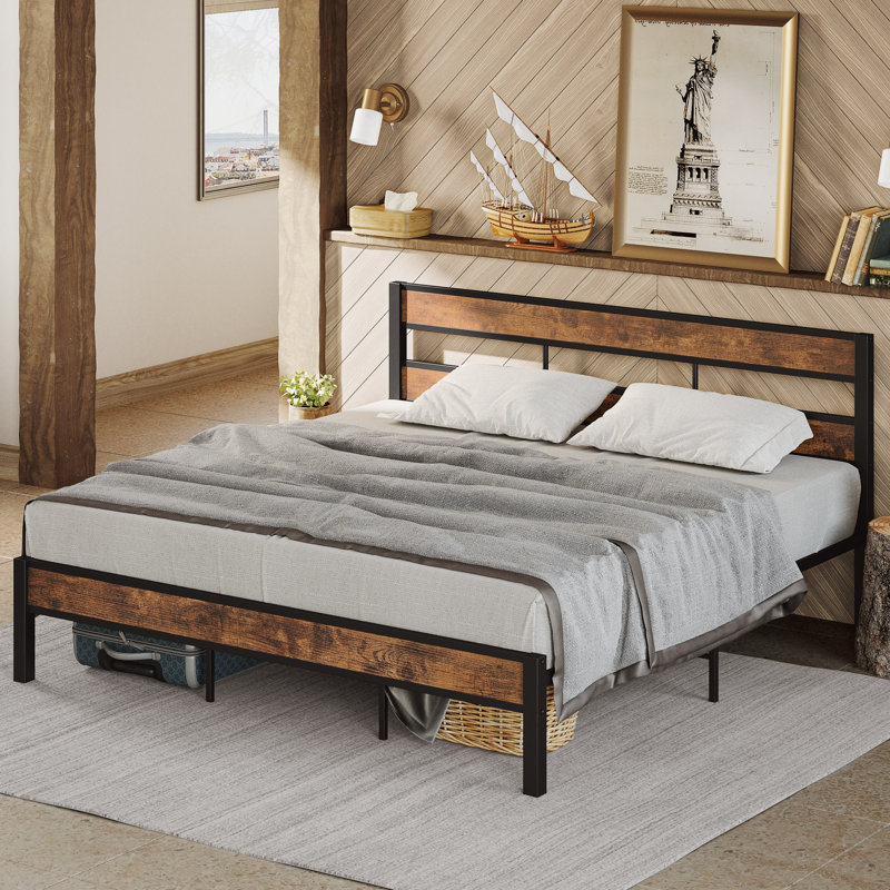 King Bed Frame And Headboard, Easy Assembly, Noise-free, No Box Spring Needed, Heavy Strong Metal Support Frames, Double-row Support Bars, Rustic Brown
