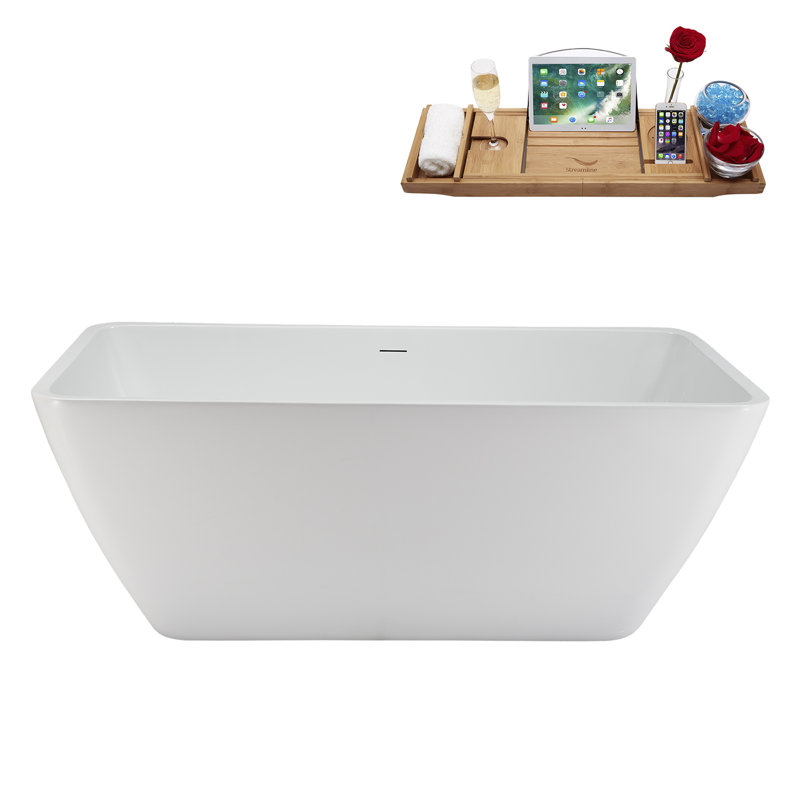 59" Streamline Soaking Freestanding Tub and Tray With Internal Drain, Brushed Brass