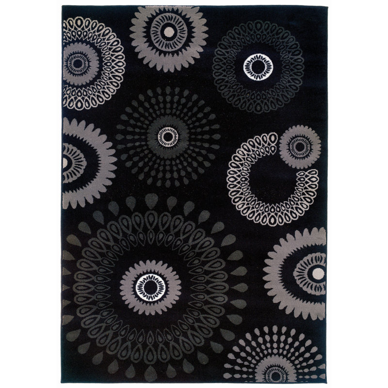Tapis noir/gris/blanc floral Cooney, Rond 4 pi
