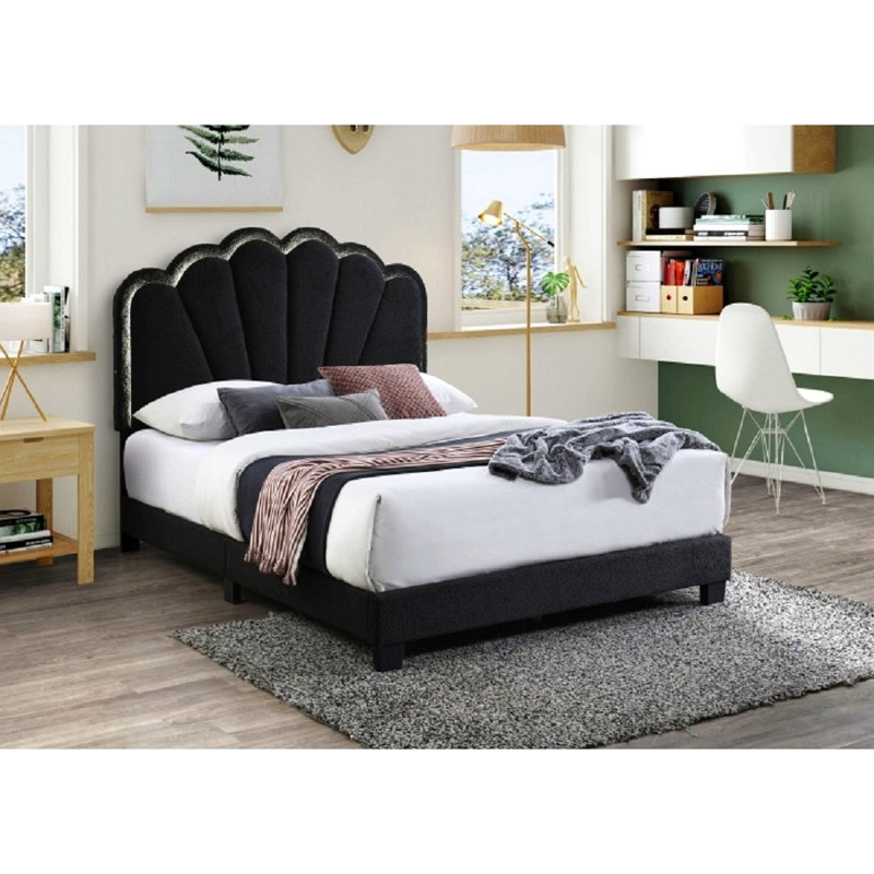 Lit plateforme très grand à DEL avec tête de lit ajustable Modern Glam Eastern, noir, King, Black