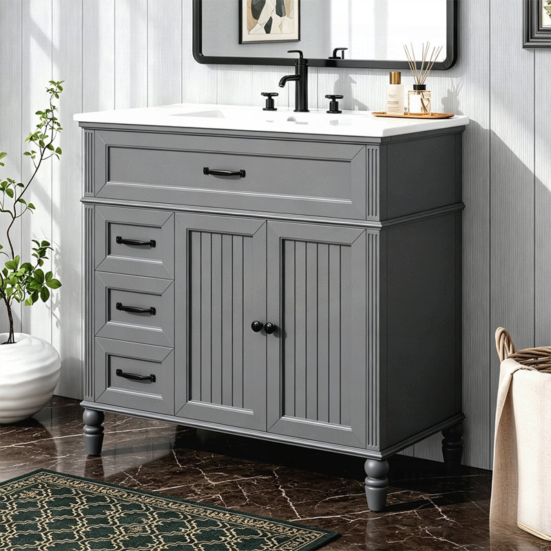 Meuble-lavabo de 36 po avec lavabo, conception rétro, structure en bois massif, panneau de fibres à densité moyenne, grands tiroirs de rangement et armoire
