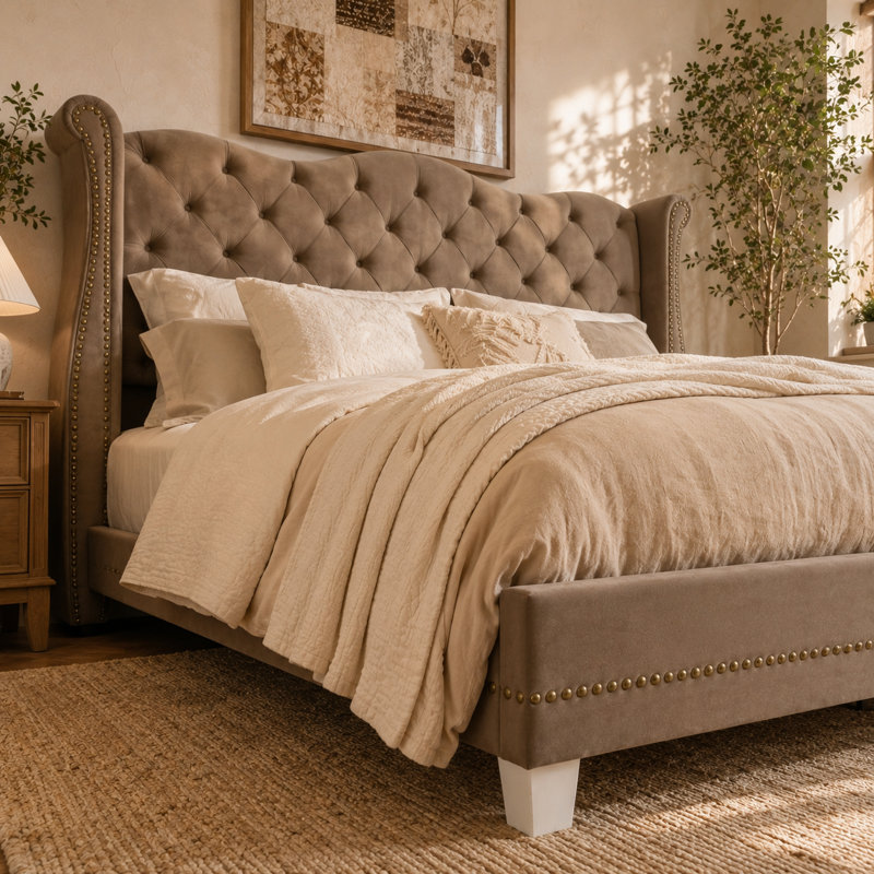 Lit plateforme King Size en velours capitonné avec tête de lit haute à oreilles, style campagne chic, orné de clous décoratifs dorés.