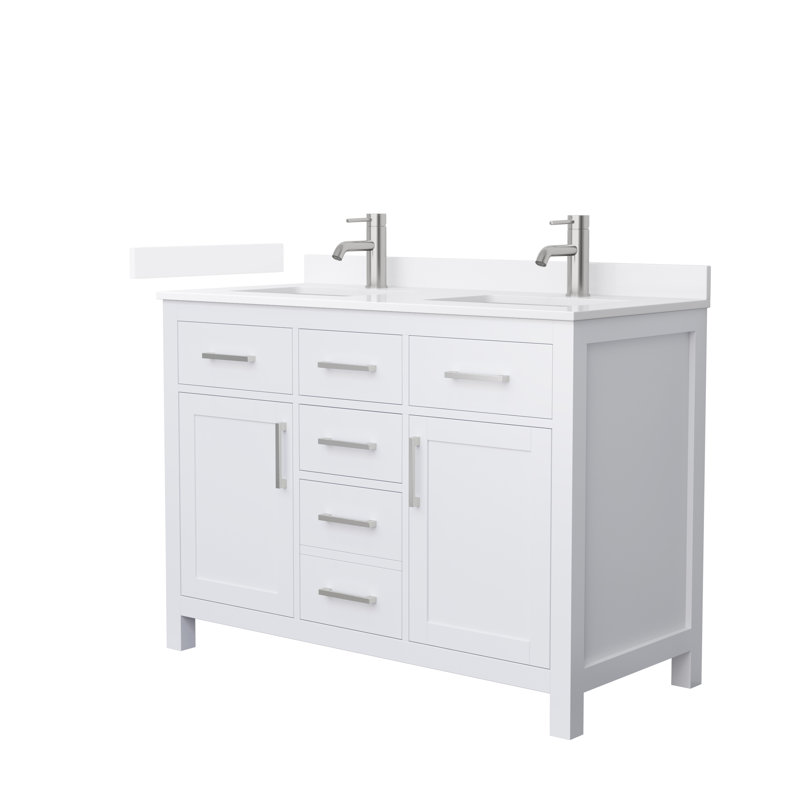 Meuble-lavabo double autoportant 48 po avec plateau en quartz Beckett, Noyer foncé, Nickel brossé, Quartz Giotto