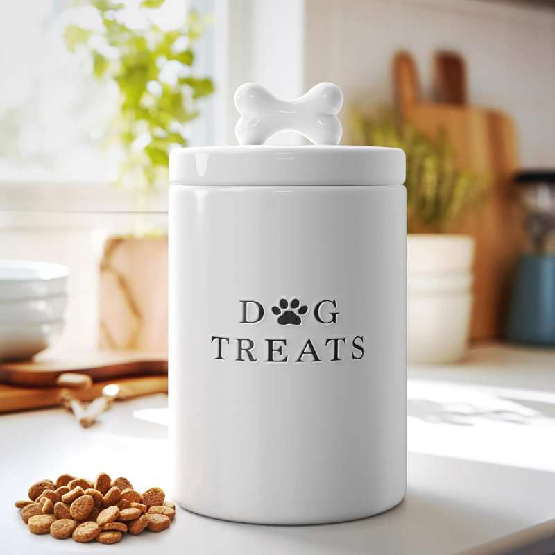 Large Rustic Ceramic Dog Treat Jar With Lid, Airtight And Perfect For Kitchen Counters.